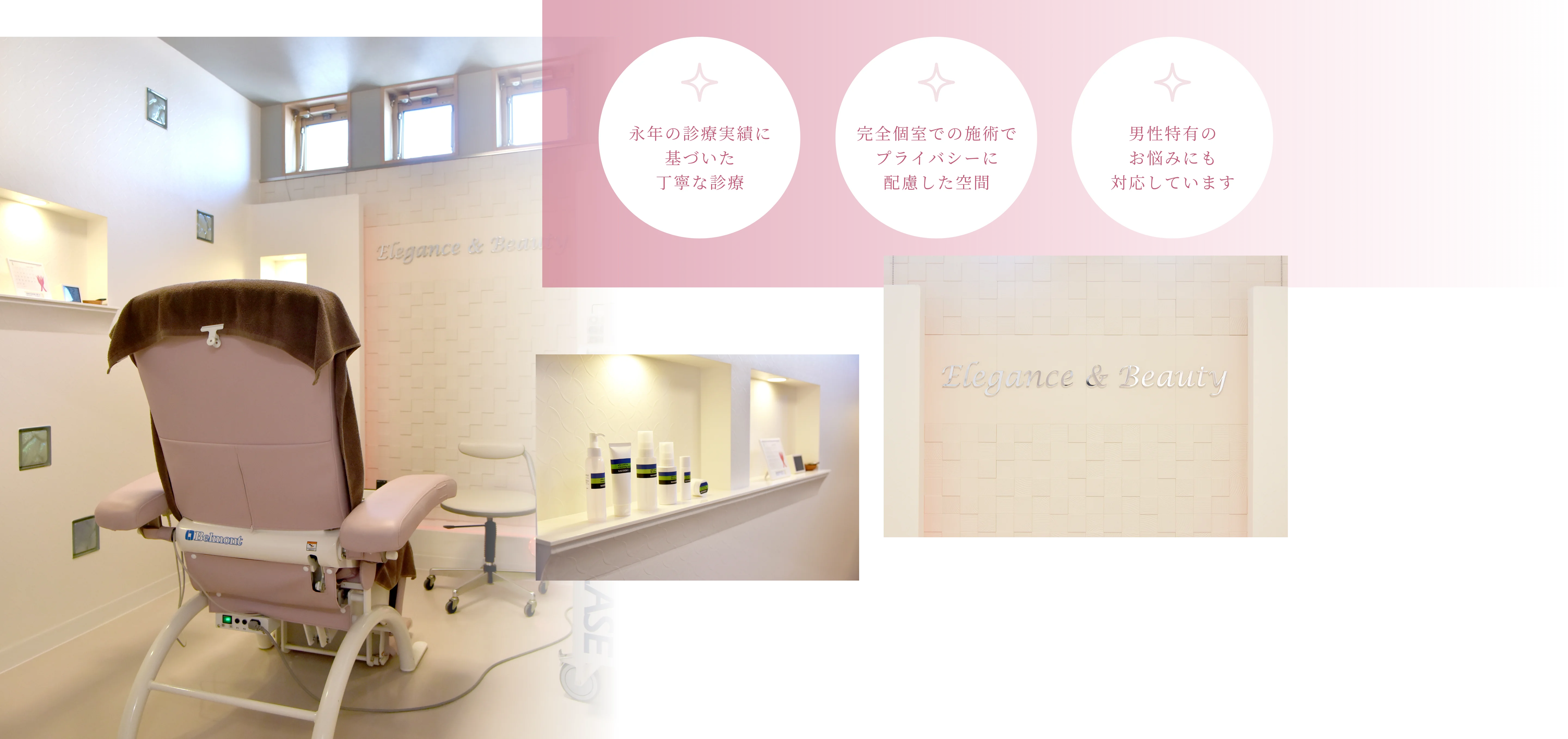 永年の診療実績に基づいた丁寧な診療 完全個室での施術でプライバシーに配慮した空間 男性特有のお悩みにも対応しています